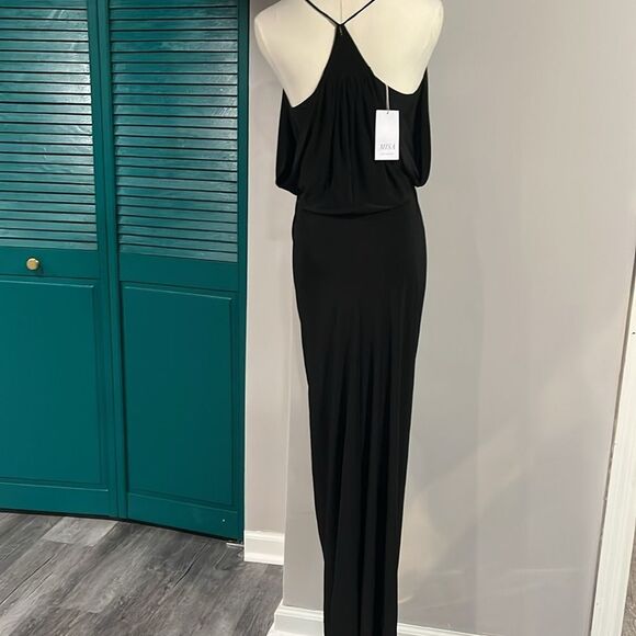 NWT MISA Los Angeles Womens Domino Maxi Spaghetti Strap Rouched Dress Black - M - Picture 9 of 10